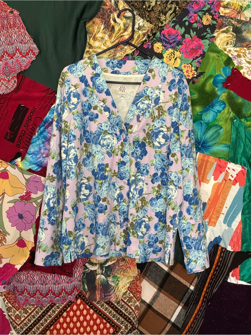 Floral Button-Front Long-Sleeve Top in Light Pink and Blue
